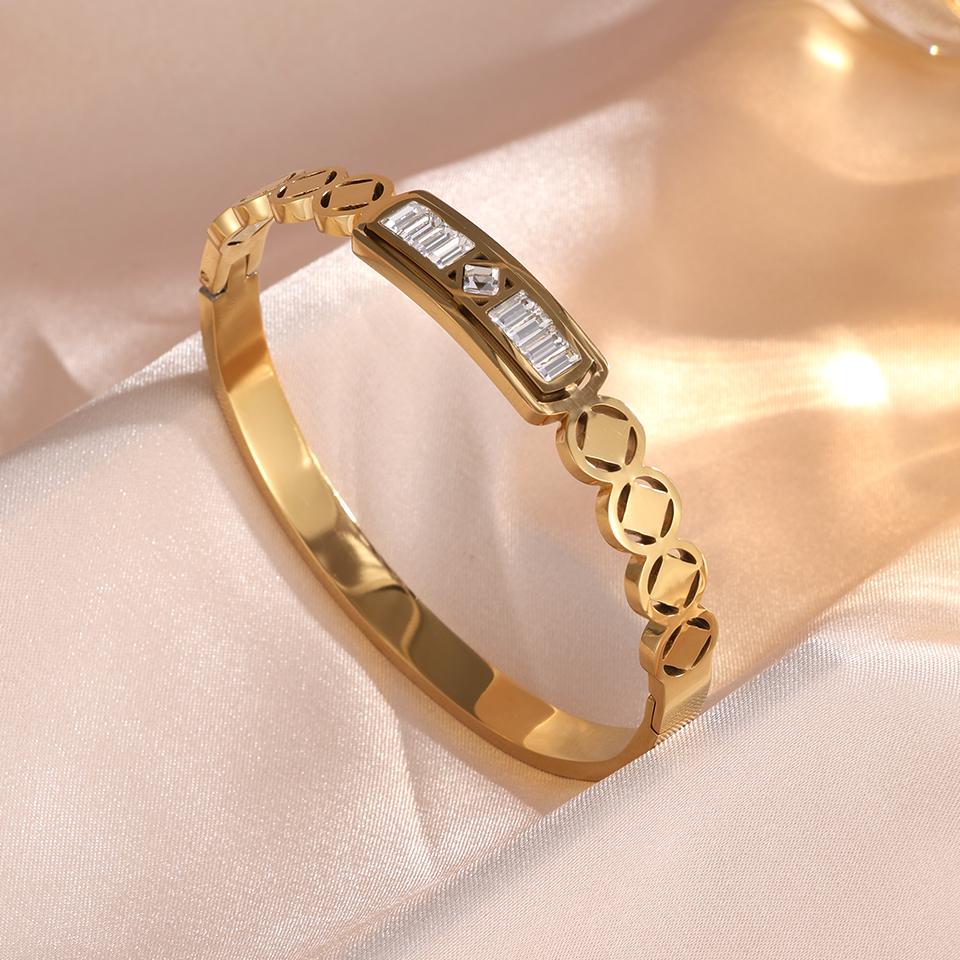 ZAKOL Fashion Geometric Design Stainless Steel Open Bangle for Women Exquisite Waterproof Zircon Gift 2025 New