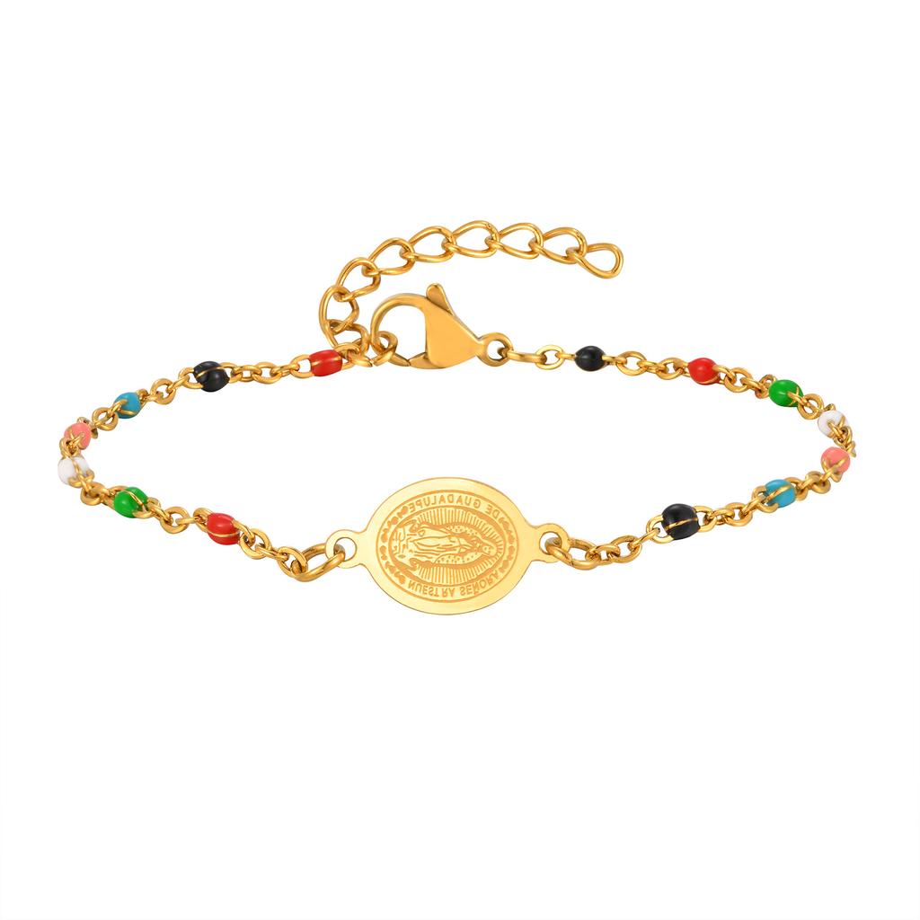 Colored Bohemian Virgin Bracelet for Women,Stainless Steel Blue Bead Chains Oval Bracelets,Holy Jewelry Gifts