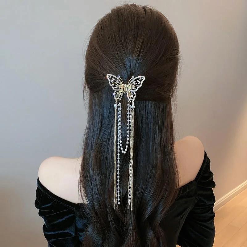 Luxury Pearl Butterfly Hair Clips Rhinestone Tassel Hair Claw Women Temperament Hairpin Ponytail Clip Headwear Hair Accessories