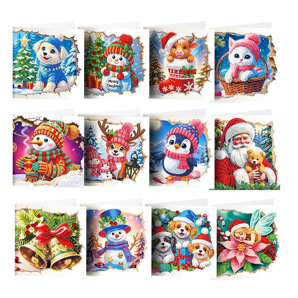 12PCS DIY Xmas Print Diamond Painting Greeting Card Set Diamond Art Greeting Cards for Birthdays Thanksgiving & Special Occasion