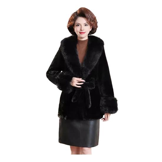 

Женское пушистое пальто с воротником и манжетами из искусственного меха, зимнее теплое пальто с поясом, куртка с длинными рукавами, открытая спереди, пушистая верхняя одежда L чёрный