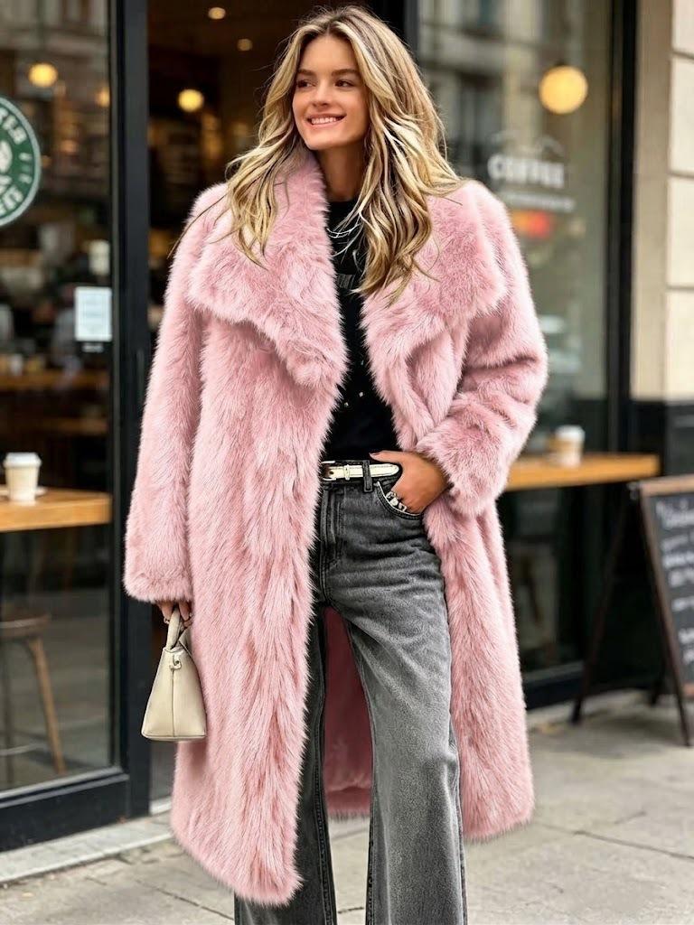 European and American Imitation Fur Large Lapel Collar Long Artificial Coat Long Fashion Imitation Fox Fur Coat Medium and Long C