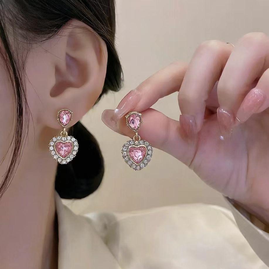 Super flash pink love zircon earrings sweet less design earrings spring and summer jewelry earrings versatile stud earrings