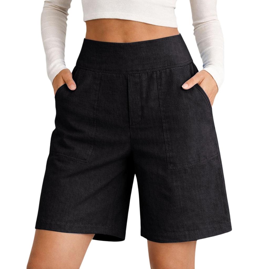 Damen Farbe Baumwolle Leinen Lässig Taille Shorts Mit Taschen Und Dreiviertelshorts