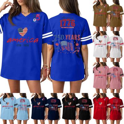 T-shirt Sport Haut Casual Mode Femme Col en V Impression Jour de l'Indépendance Manches Courtes