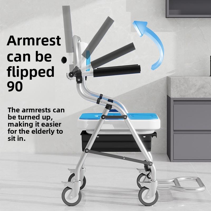 Foldable Bathroom Chair Mobile Care Bath Commode Chair Elderly Handicapped Versatile Shower Wheelchair