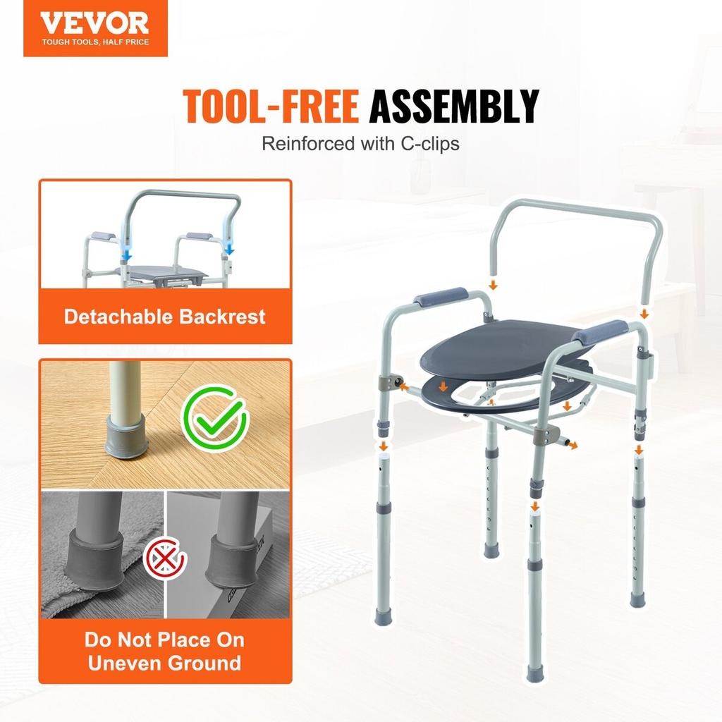 Commode Chair, Bedside Commode with Wider Toilet Seat, 7-Level Adjustable Height, 5.8L Removable Bucket, Easy To Assemble, 350 LBS Capacity, Raised