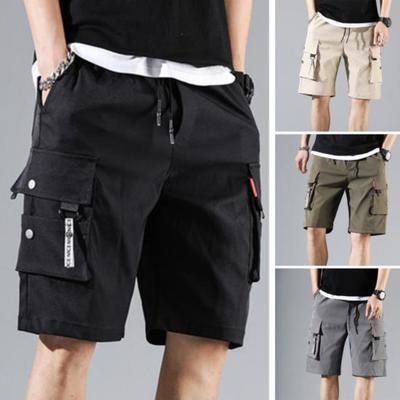 Summer Men Elastic Waistband Drawstring Shorts Multi Pockets Solid Color Straight Wide Leg Mid-rise Sport Cargo Shorts Streetwear