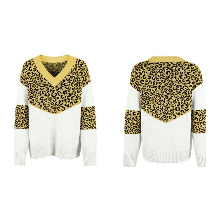 Podzim Zima Vintage Leopardí Kardigan Volný Pletený Svetr s Výstřihem do V a Dlouhým Rukávem
