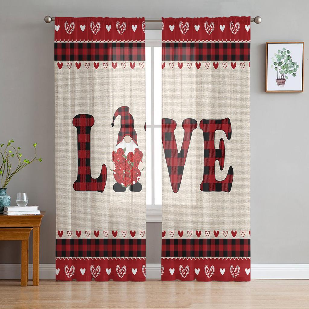 Valentine 'S Day Gnome Tulle Curtains For Living Room Kitchen Sheer Voile Curtain Bedroom Window Panels