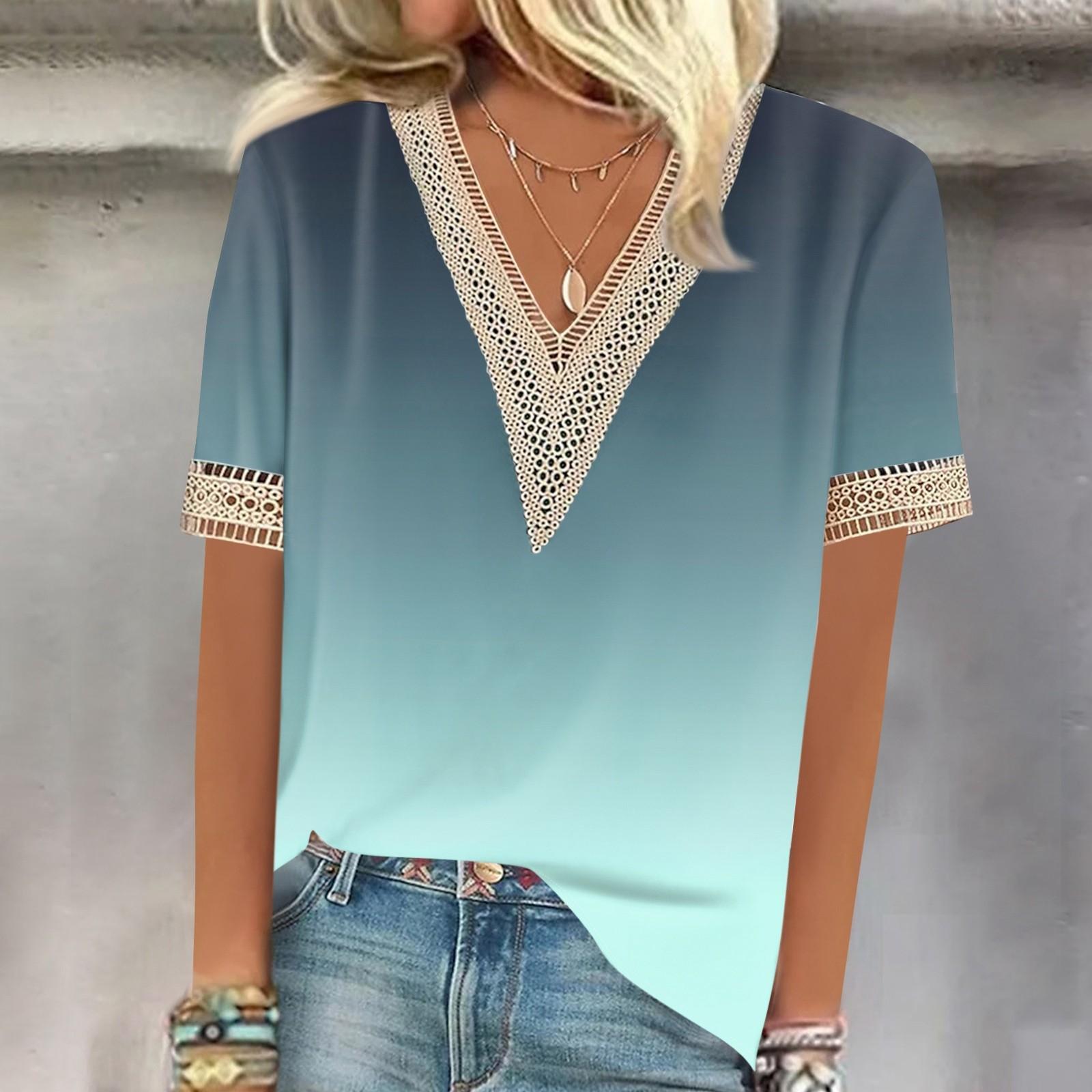 

Женская рубашка, блузка, повседневные свободные рубашки с короткими рукавами и кружевной отделкой, топы с v-образным вырезом и принтом, топы с принтом, футболки, футболки XXL светло-синий