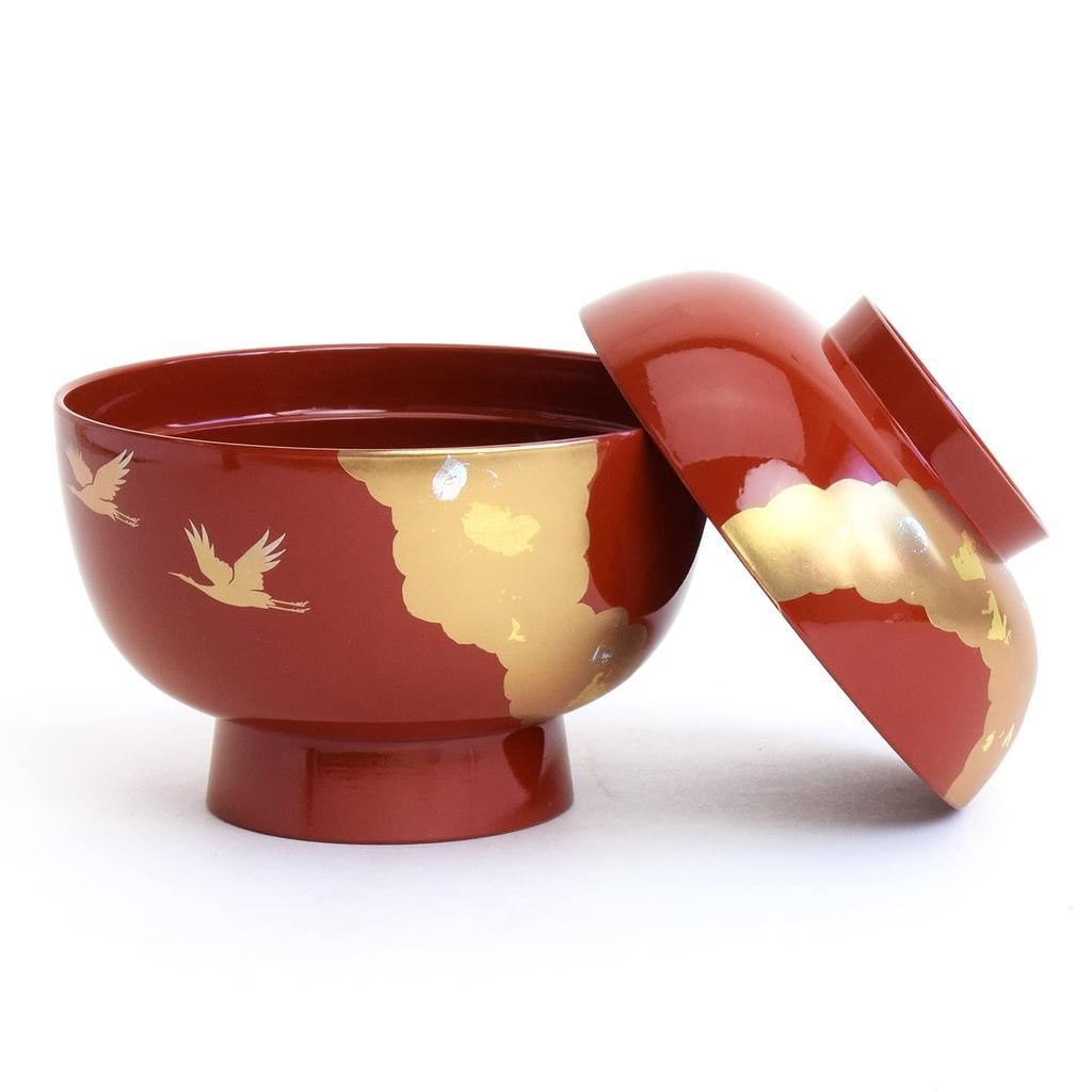 Maejuu Lacquerware Zoni Bowl Ozoni Bowl with Lid Shiny Vermilion Red Crane Gold Mica Red Large 450ml Traditional Craft Yamanaka Lacquerware Made in