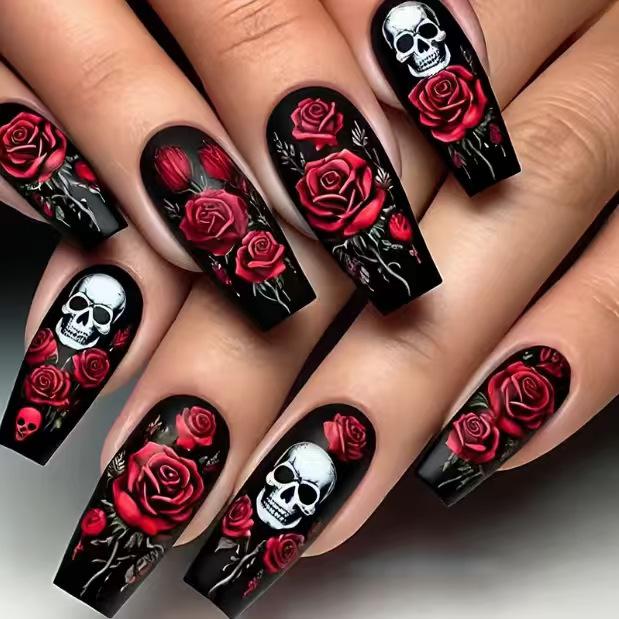 24 Nail Art Roses Skull Diablo Gothic Halloween Ballet Wear Nail Art Jelly glue + rubbing strips*3pcs