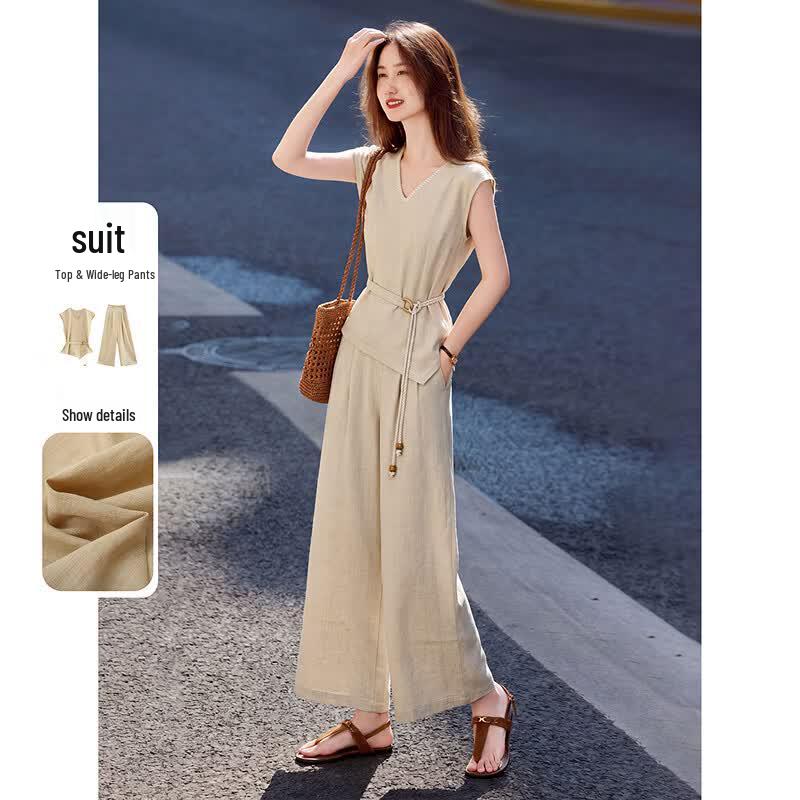 Women s Summer V-Neck Sleeveless Shirt & Wide-Leg Pants Set L