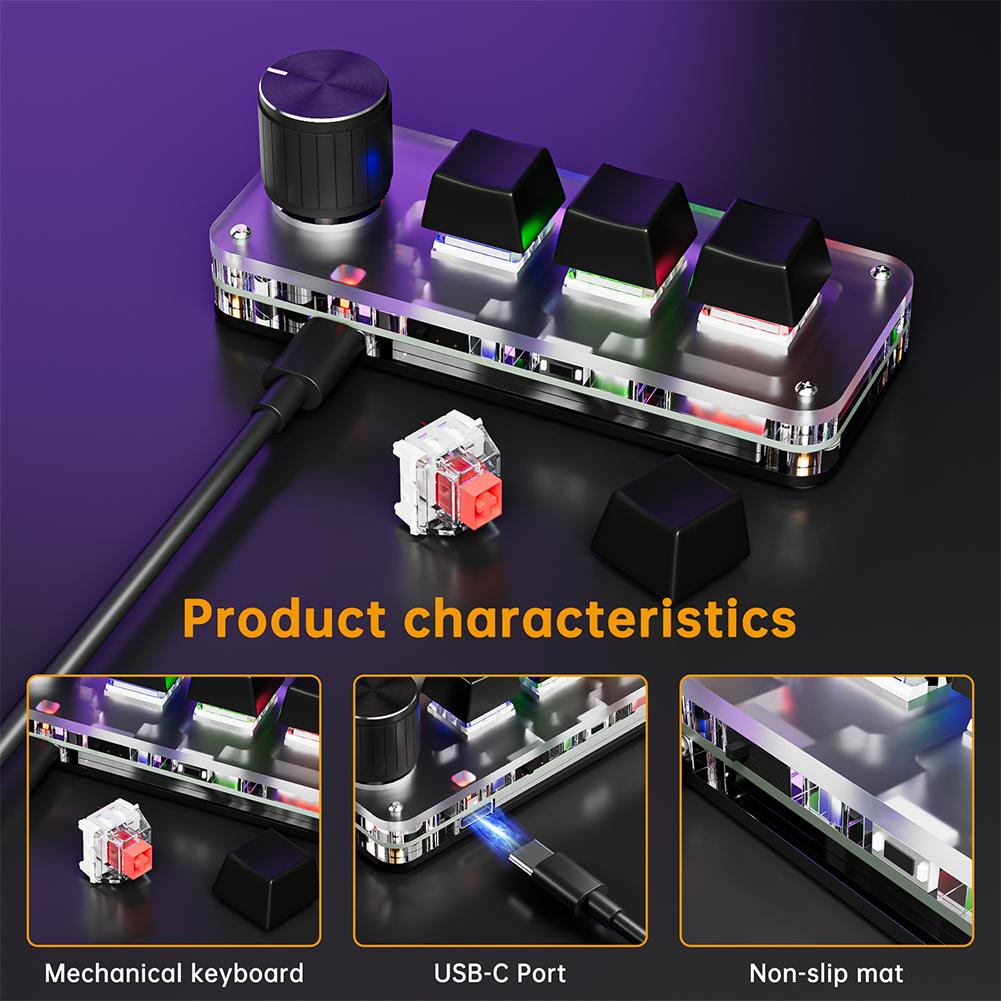 Makro-Tastatur 3 Tasten 1 Drehregler Benutzerdefinierte Programmierung Mechanische Tastatur Hot-Swap USB Bluetooth Tastaturblock Einhand-Mini-Gaming-Tastatur