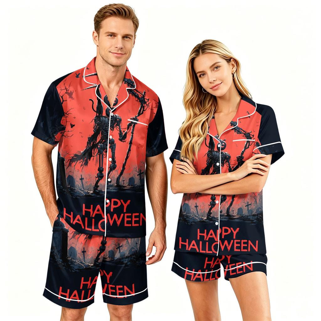 Couple Matching Halloween Pajama Set Short Sleeve Button Down Shirt and Shorts Soft Casual Sleepwear S To XXXXL