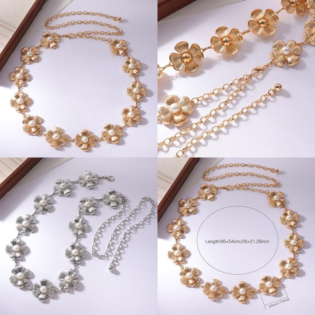 Floral Pearl Metal Waist Chain With Carved Flower Design For Women Spring Summer Fashion