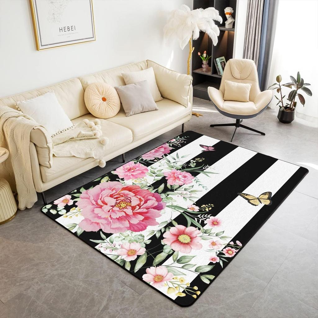 Blue Rose Flower on Black Background Non Slip Mat Area Rugs Floor Carpet for Kitchen Bedroom Living Room Decoration for Kids