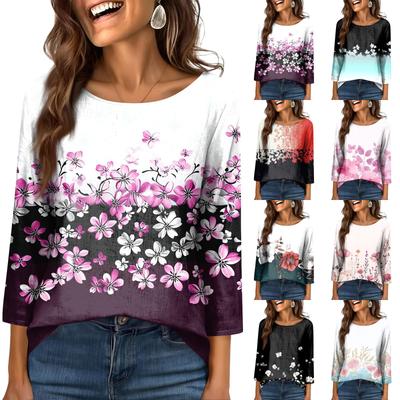 Women's Fashionable Casual Round Neck  3/4 Sleeve  Printed T-Shirt Top