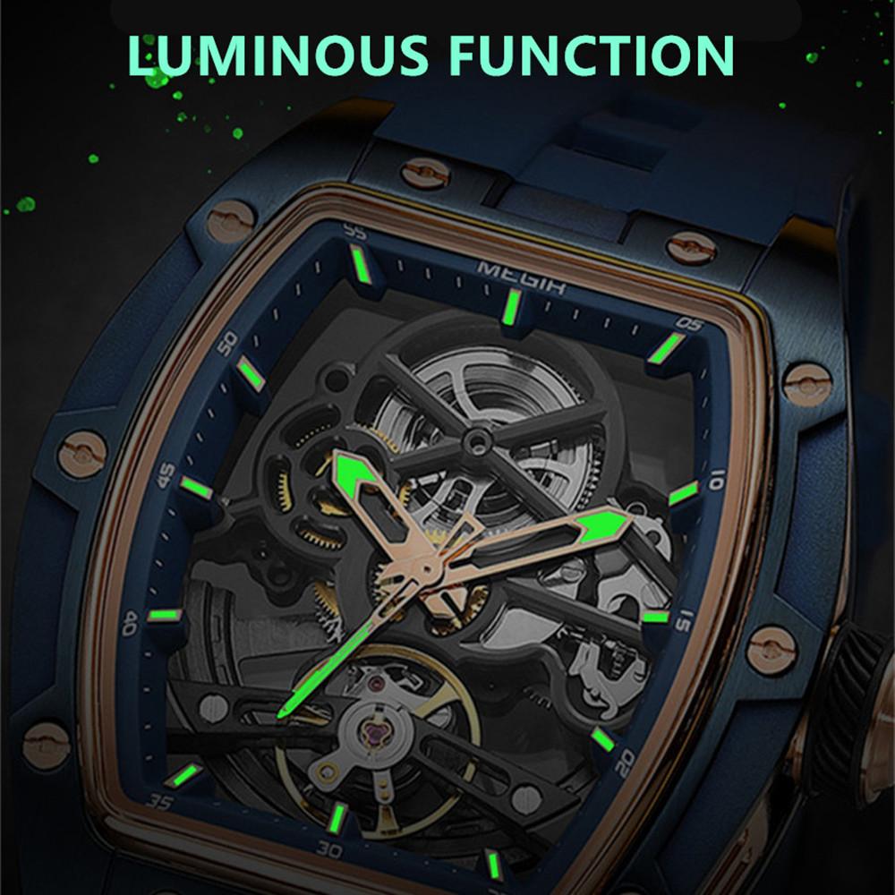 Megir Luksusmerke Sportsklokke for menn Silikonreim Mekaniske klokker Hul Fullautomatisk urverk Selvlysende Armbåndsur Klokke 2242