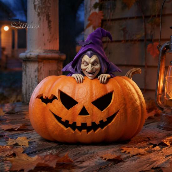 Realistic Witch Figurine Halloween Resin Pumpkin Figurine, Spooky Bat Detailed Tabletop Decor, Stable Compact Sculpture Base Mini Statue for