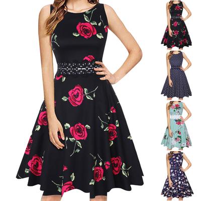 Ladies Fashion And Elegant Round Neck Sleeveless Lace Printed Small Dress
