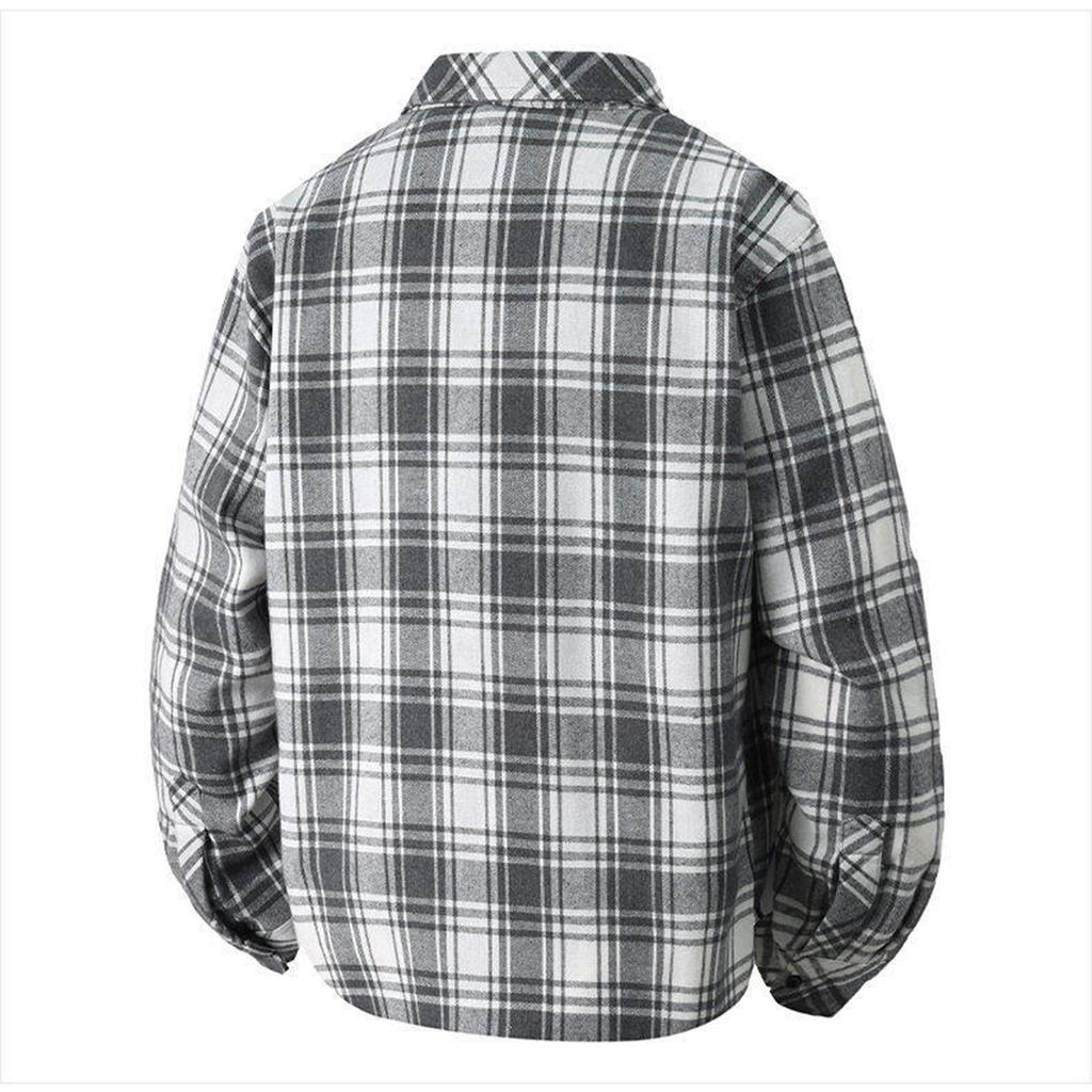 Men's Spring Plaid Youth Fashion Loose Stand Collar Long Sleeve Shirt