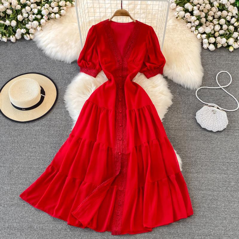 Seaside vacation desert big swing dress travel Bali beach dress super fairy V-neck lace lace dress summer One size fits all красный
