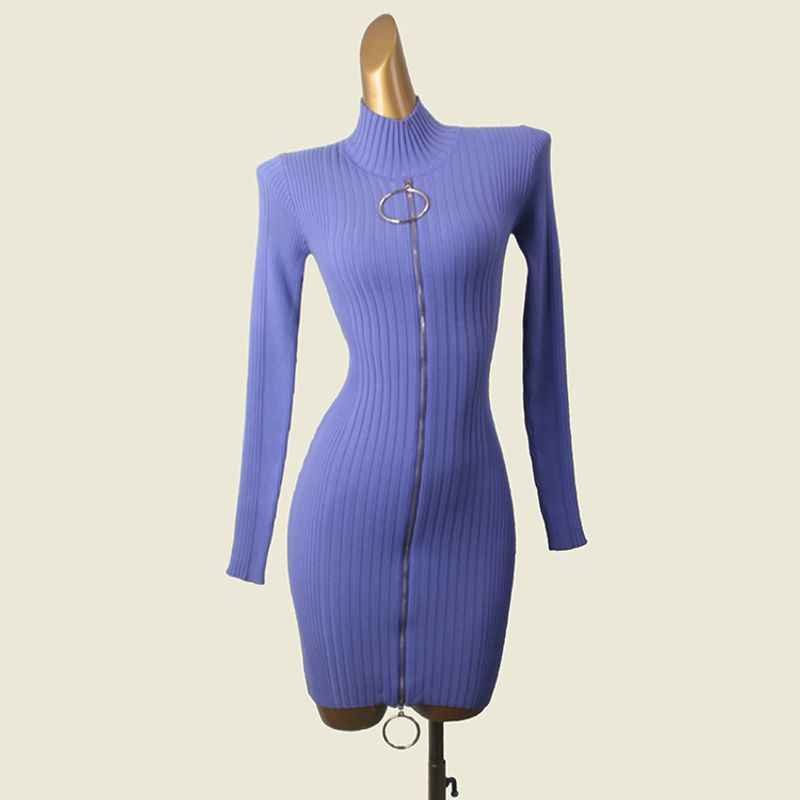 

South korea Card Half-high Collar Metal Zip-up Sexy Sheath Short dress Western Style Slim fit Long sleeve Inner wear Dress Purple M