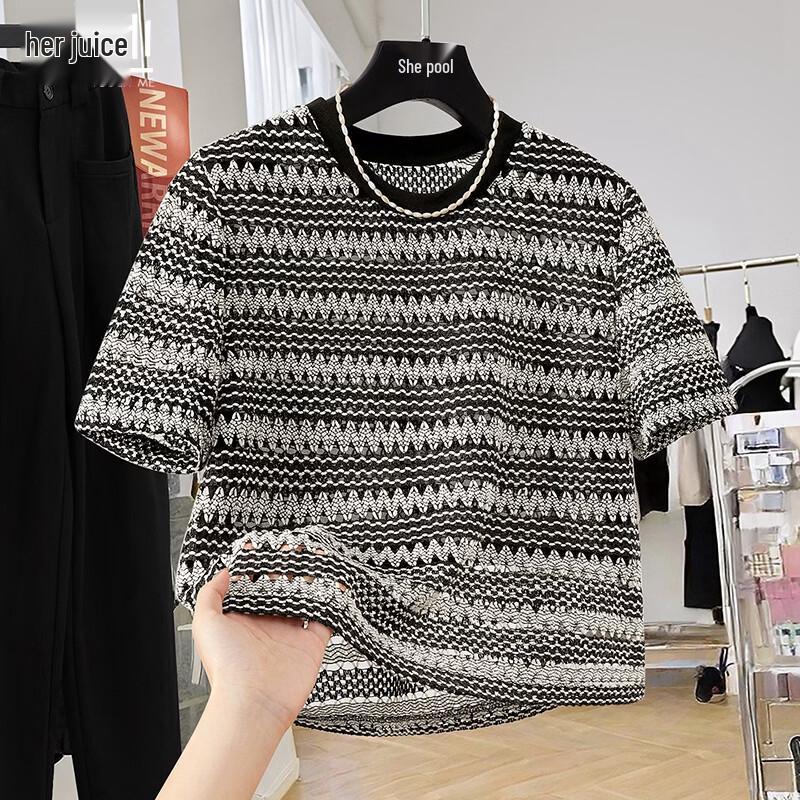 Women s Hollow Striped Lace Short Sleeve T-Shirt S