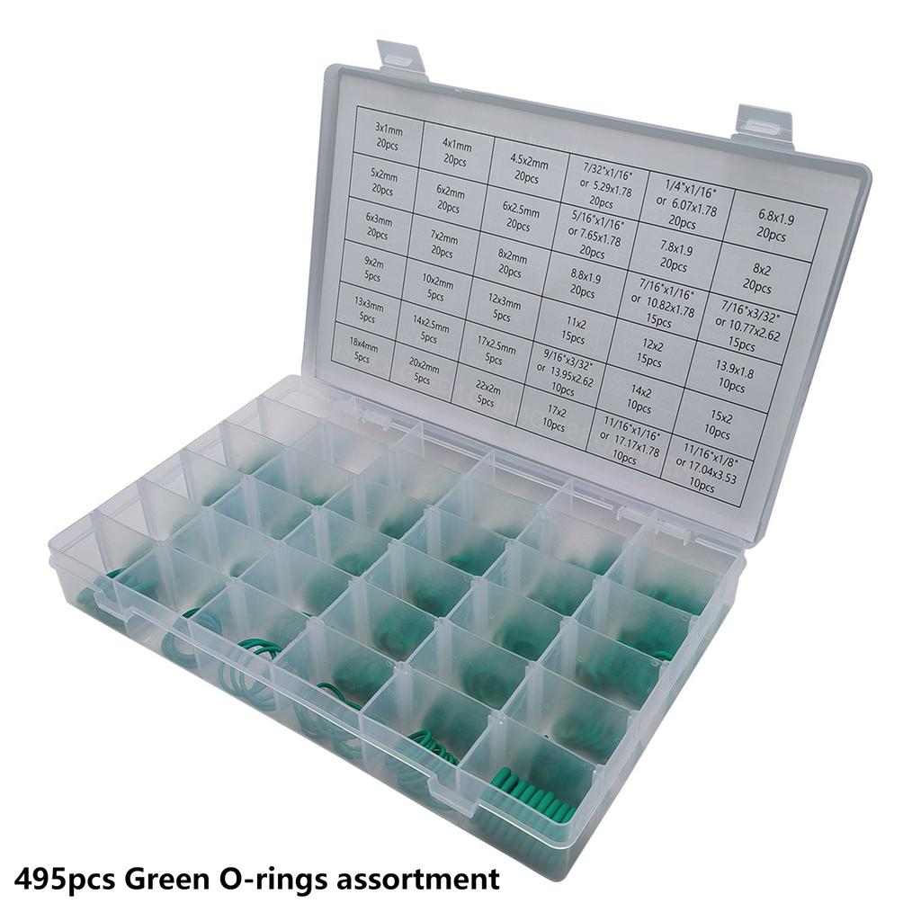 495Pcs Green Rubber O Ring Gasket Assortment Set 36 Sizes Nitrile Rubber Washer Oil Resistant Sealing O Rings Enduring