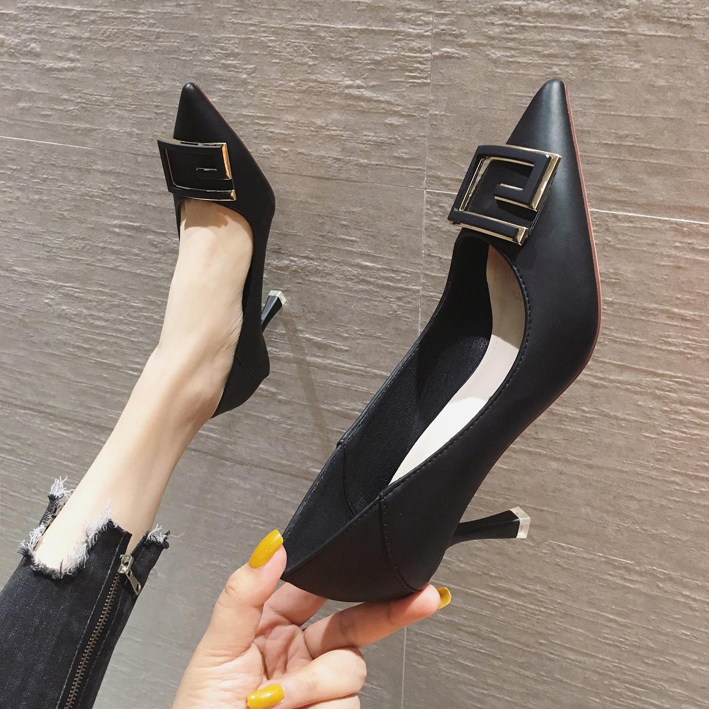 

775-11 single shoes women wear in autumn and winter, step on the heel square buckle pointed thin heel soft leather high heels 7.5CM5.5CM thick heel 34