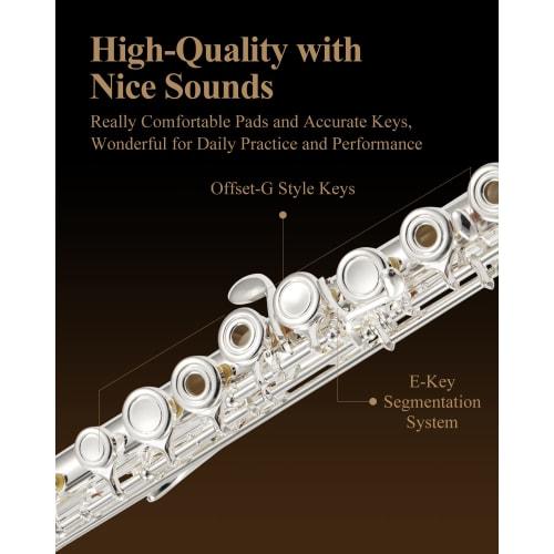 Eastar Silver-Plated 16-Hole Flute with E-Mechanism, Offset, Ring Key, and Flute Stand & Case (Silver) for Beginners