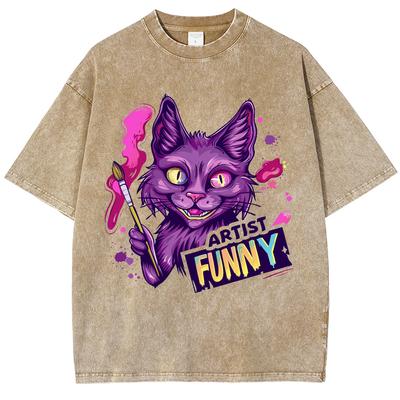 Vasariniai marškinėliai Oversized moteriškas viršus su animacinio katino paveikslėliu, apvalia kaklo iškirpte, skalbiami, unisex, trumparankoviai, laisvalaikio, patogūs
