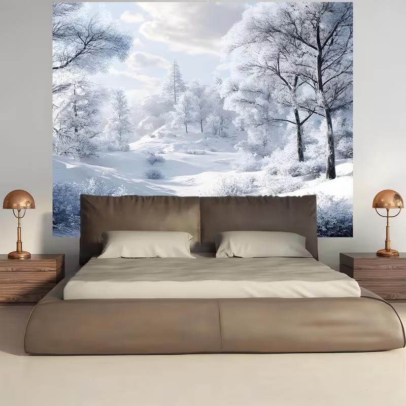 2D Christmas Winter Tapestry, Frosty Snow Forest Background Cloth