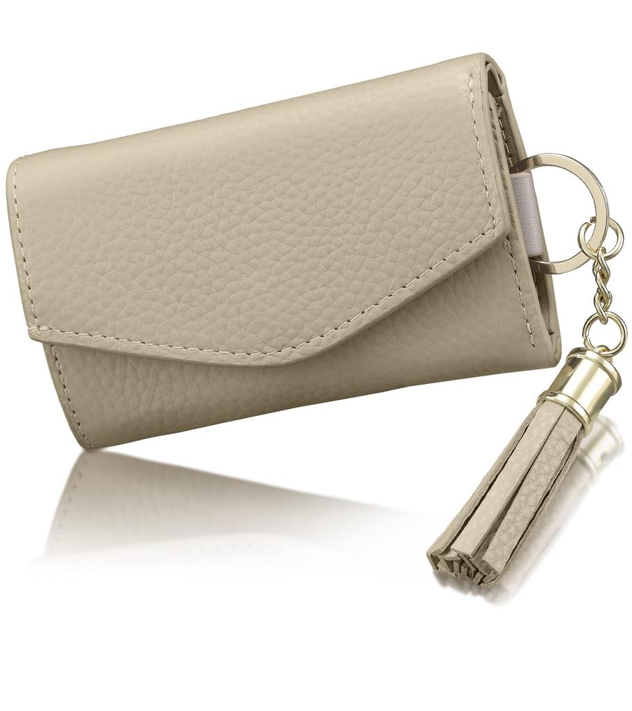 Encore Key Case Muted Genuine Leather with Bill Cowhide Key Car Key Case [High-Quality Look, Color] Pocket, Women's 4-Ring Holder, (Muted Beige)