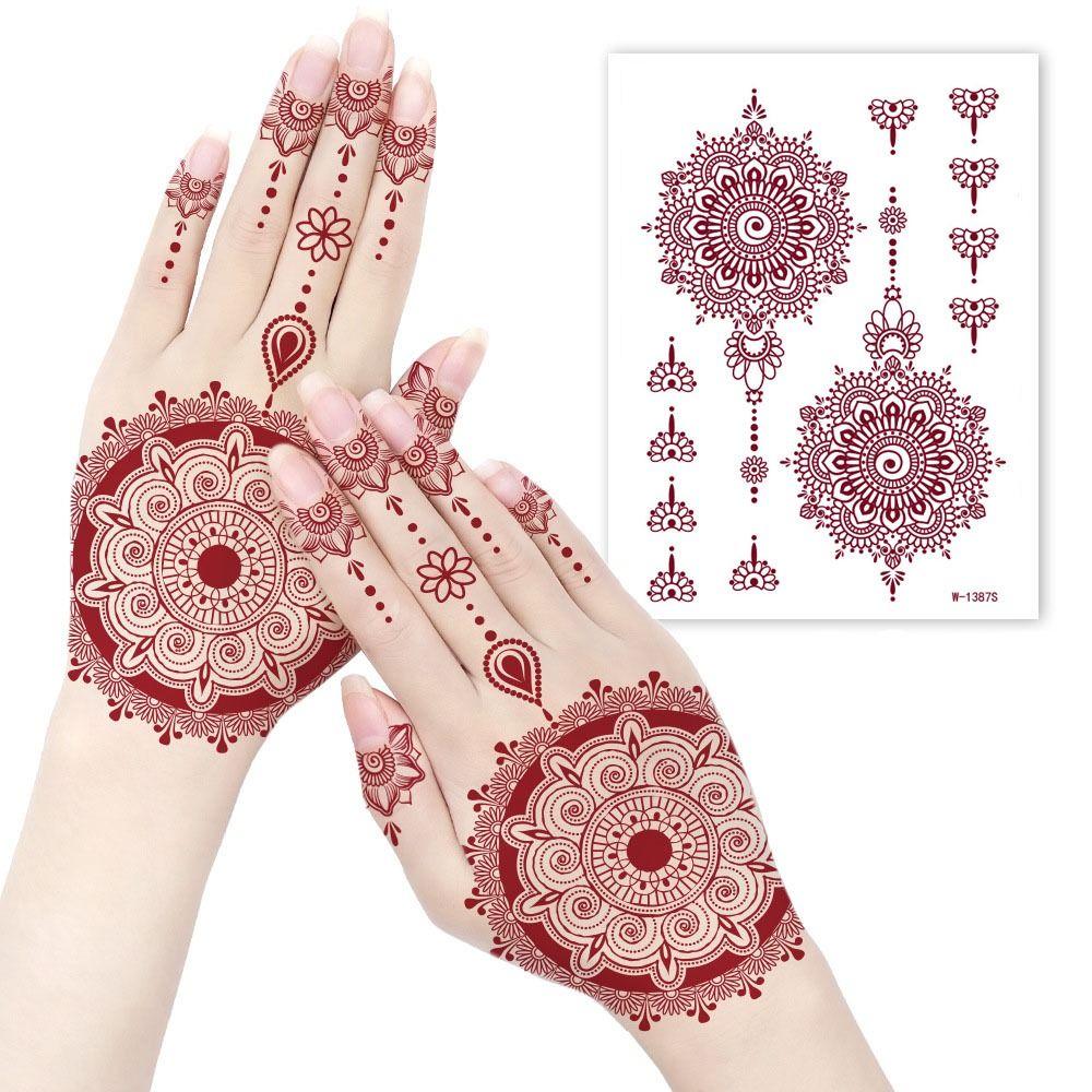 9pcs Indian Style Hand Tattoo Stickers Brown Red Flower Fake Tattoos  Wrist Neck