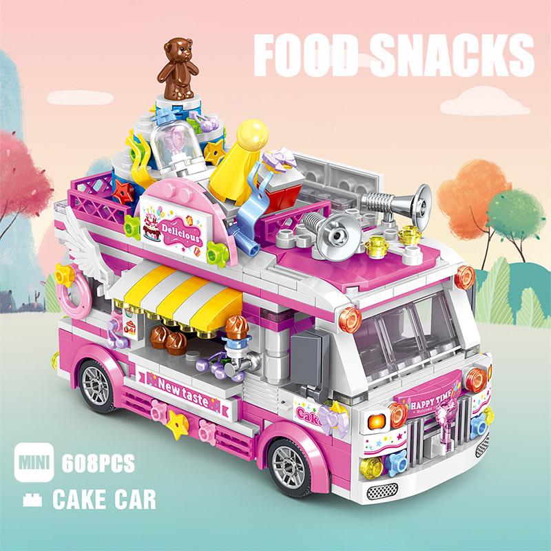 City Street View Ice Cream Car Food Shop Mini Building Blocks Camping Vehicle Friends Bricks DIY Toys for Children Girls