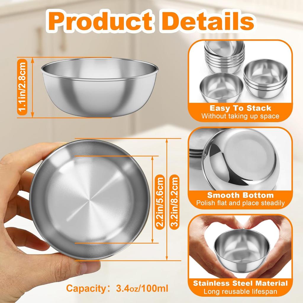 6 Pack Stainless Steel Dipping Sauce Bowls, Individual Round Pinch Bowls for Sides and Sushi, Small Prep Containers for Ingredients