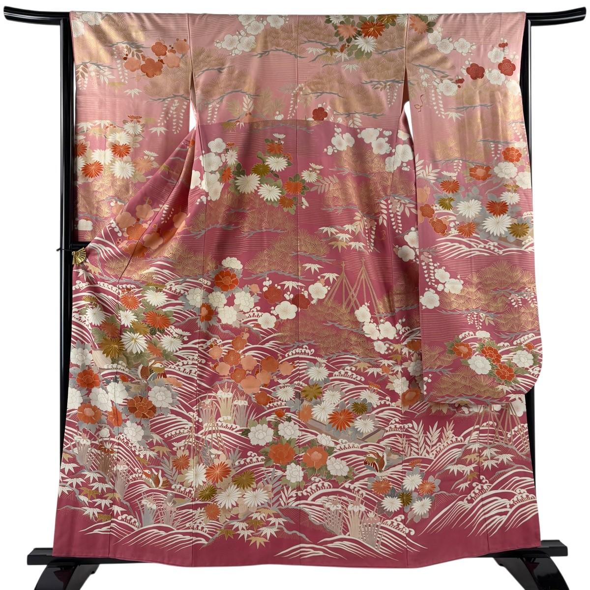 

Furisode, body length 161cm, sleeve length 65cm, M sleeve, flowers, duck, gold thread, gold color, pink, pure silk, masterpiece [Used]