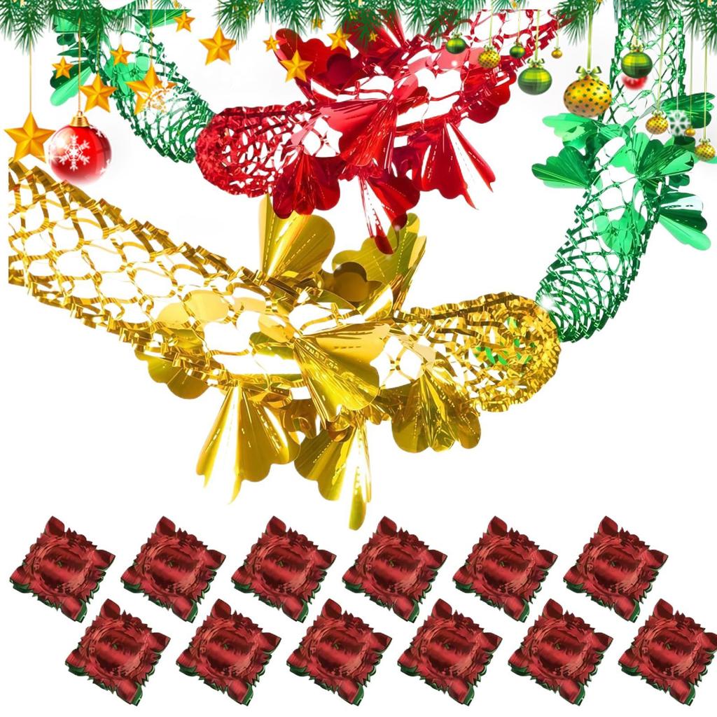 Christmas Ceiling Decoration 12pcs Extendable Colorful Aluminum Foil Flower Garlands 9FT Holiday Tree Ornaments Decor