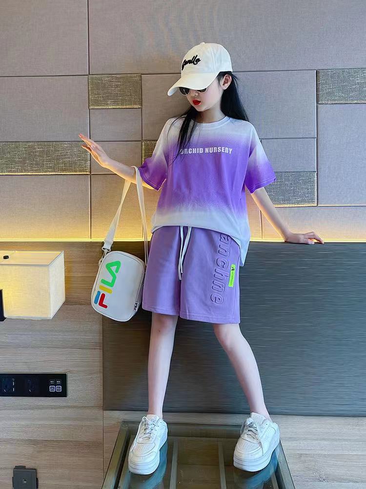 Children's Boy Clothes Set Summer Gradient Letter T-shirts and Shorts Suit Teenage Short Sleeve Top Bottom 2 Pieces Tracksuit