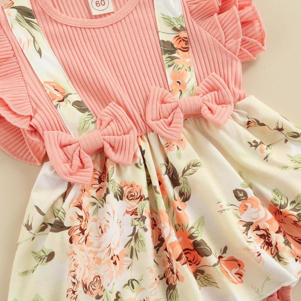 Salopetă de vară pentru bebeluși pentru bebeluși, mânecă cu volană, rochie cu imprimeu floral, body mozaic + bentiță cu fundă