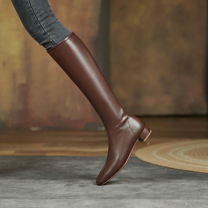 Krazing Pot Cuir Fendu Vache Automne Hiver Chaussures Talons Bas Bottes d'Équitation Bout Carré Garder au Chaud Fermeture Éclair Bottes Cuisse