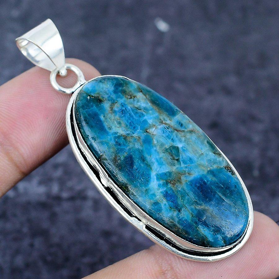 Neon Blue Apatite Gemstone 925 Sterling Silver Jewelry Pendant 2.36" e2l41