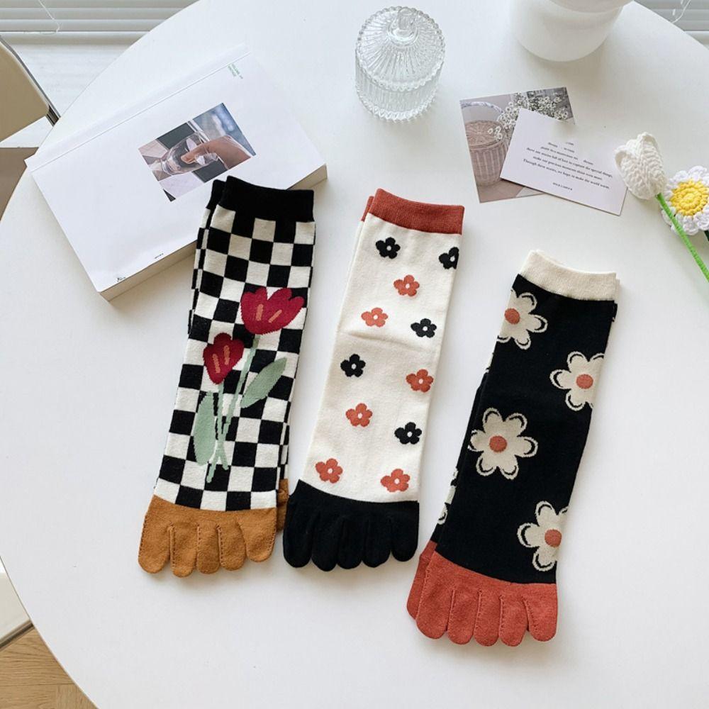 Breathable Five Finger Tube Socks Flower Toe Mid-calf Socks Soft Split Toe Short Socks  Daily