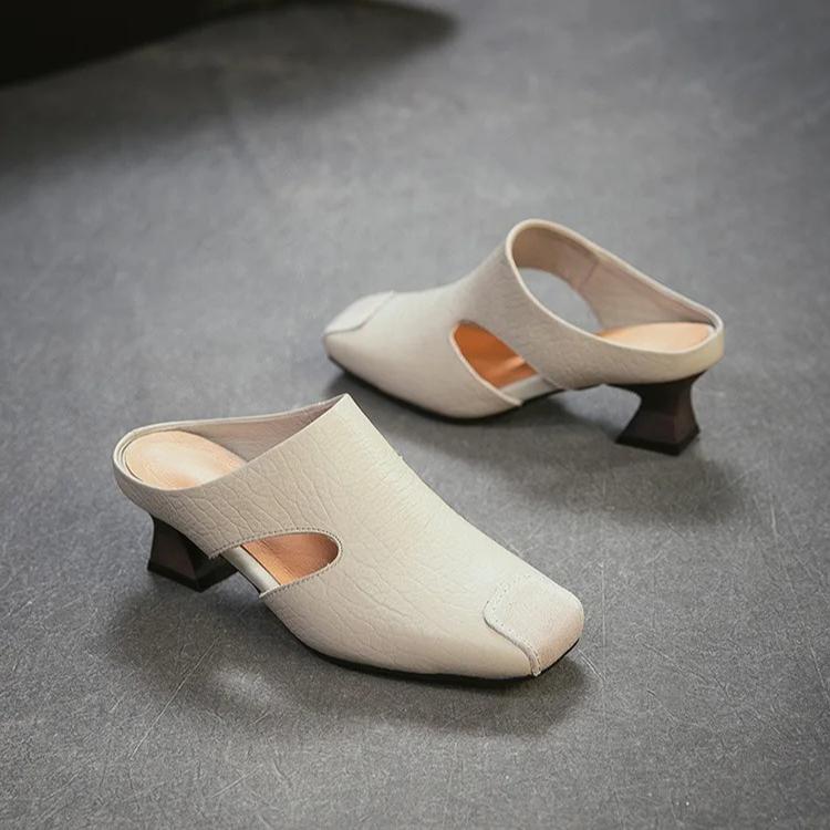 Johnature Retro Square Toe Thick Heel Fashion Slippers Breathable And Versatile Genuine Leather Women's Shoes