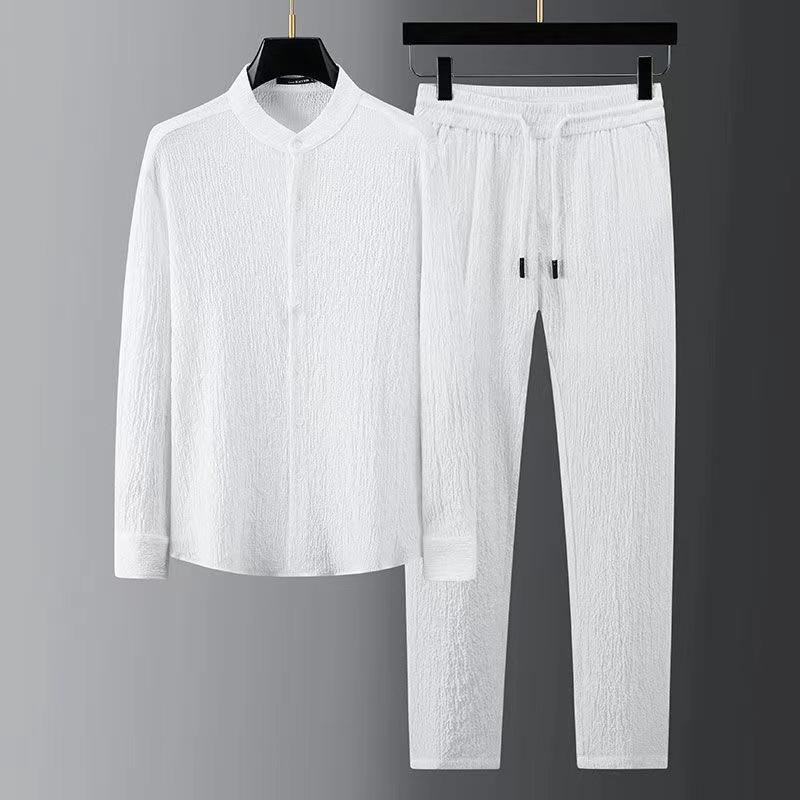 Casual Lightweight Suit For Men Spring/Summer New Bubble Gauze Striped Pleated Stand-Up Collar Men'S Shirt