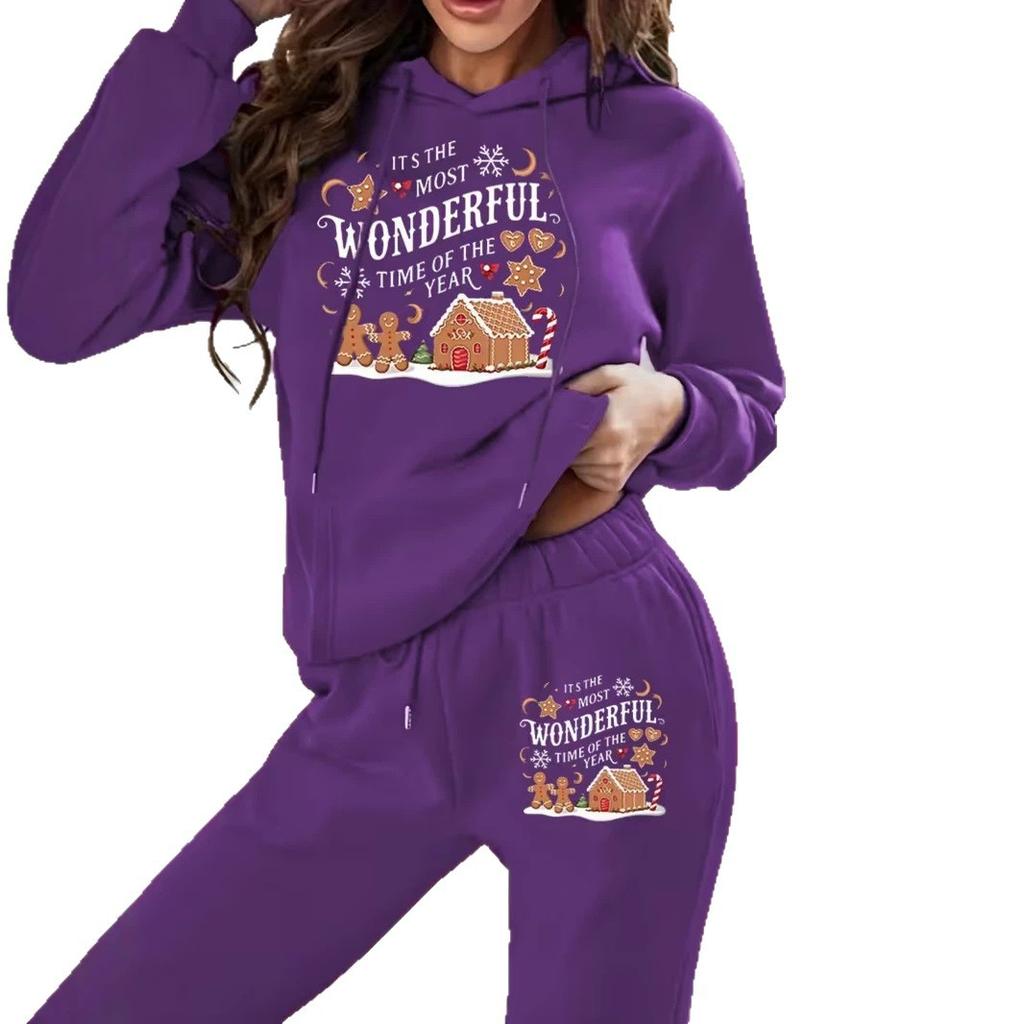 1116 European and American women's clothing new casual 1D printing Christmas ladies hooded sports sweater set