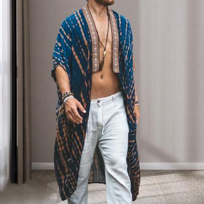 Men Beach Coat Retro Style Mid-Length Fit Printing Jacket Sun Protection Loose Open Front Long Outwear
